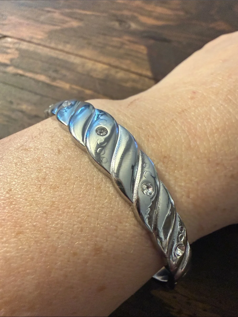 Silver 316L Stainless Steel Twisted Bangle Bracelet with Rhinestones